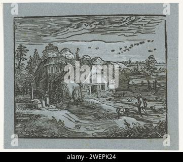 Landschaft mit Bauernhof, Hendrick Goltzius, 1597 - 1600 Print Landschaft mit Bauernhof. Neben dem Haus eine Frau in einem Brunnen. Im Vordergrund rechts ein Mann und ein kackender Hund. Dieser Druck ist Teil einer Serie von vier kleinen Holzschnitten mit Landschaften. Papier. Terrassenmalerei oder einsames Haus in der Landschaft Stockfoto