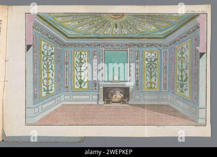 Store of New French and English Modi, 10. Mai 1788, 3. Jahr, 18. Notizbuch, Pl. Unique, A. B. Duhamel, nach Pugin, 1788 Interieur: 'Décoration d'on Salon'. Der Druck ist Teil des 18. Cahier, 3. Année aus dem Magasin des Modes Nouvelles Francaises et Anglaises. Die Serie besteht aus 172 Modedrucken, die von Buisson, Paris, 20. November 1786 bis 21. Décembre 1789 veröffentlicht wurden. Papiergravur von Modetafeln. Salon, Salon Stockfoto