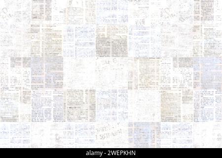 Vintage Grunge Zeitung Papier Textur Hintergrund. Verschwommener alter Zeitungshintergrund. Eine unleserliche, veraltete Zeitungsseite mit Textort. Grau w Stockfoto