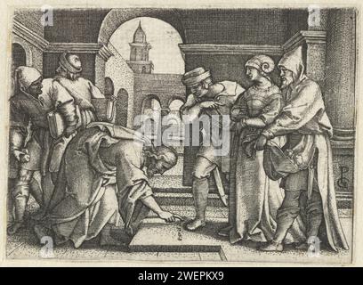 Christus und die ehebrecherische Frau, Georg Pencz, 1544–1548 Druck die Pharisäer bringen eine ehebrecherische Frau zu Christus, damit er über ihre Vergehen urteilt. Christus schreibt mit einem Finger auf den Boden. Einer der Männer trägt Steine in seiner Kleidung und ein anderer hat ein Buch unter dem Arm mit dem alten Gesetz. Papiergravur Pharisäer bringen eine Frau, die des Ehebruchs beschuldigt wird, vor Christus (Johannes 8,2-11) Stockfoto