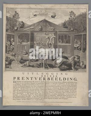 Menagerie van Blaauw Jan, 1751, Christian Friedrich Fritzsch (zugeschrieben), 1751 Druck Menagerie im Innenhof des gasthauses von Jan Berentsz Westerhof oder Blaauw Jan auf dem Kloveniersburgwal in Amsterdam 1751: Hof mit Voliere mit Straußen, Pfauen, Kasuaren, Papageien und einem Raben. Im Vordergrund ein Löwe, Pantoffeln, Affen und ein junges Walross. Nach der Erklärung auf dem Druck konnten diese Tiere ebenso wie der friesische Zwerg Wybren Lolkes und der finnische Riese Daniel Cajanus hier bewundert werden. Papierätzung / Gravur / Buchdruck zoologischer Garten, Zoo, se Stockfoto