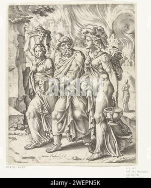 Lot verlässt mit seinen Töchtern den Burning Sodom, Cornelis Bos, nach Maarten van Heemskerck, ca. 1551 Print Lot flüchtet mit seinen beiden Töchtern in die Stadt Soar. Hinter ihnen ist das brennende sodom zu sehen. Lots Frau, die sich umsah, um zu sehen, wie die Zerstörung Gott in eine Salzsäule verwandelte. Sie ist auf der rechten Seite. Papier mit der Vernichtung von Sodom und Gomorra: Lot und seine Familie flüchten nach Zoar und tragen ihre Habseligkeiten; ein Engel könnte den Weg zeigen (1. Mose 19,24-29) Stockfoto