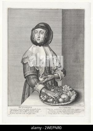 Herbst, Wenceslaus Hollar, 1641 Druck stehende Frau mit Obstschale als Personifikation des Herbstes. Papierätzung Herbst, Herbst, 'Autumnus'; 'Autunno' (Ripa). Kleidung, Kostüm (+ Damenkleidung). Kleid, Kleid (+ Damenkleidung). Kopfbedeckung (KOPFTUCH) (+ Damenkleidung). Nackenausrüstung: Kragen (+ Damenbekleidung). Nackenbekleidung  Kleidung (HALSTUCH) (+ Damenbekleidung). Kleidung für den oberen Teil des Körpers (mit NAME) (+ Damenkleidung). Ärmel (+ Damenkleidung). Früchte England Stockfoto