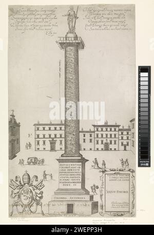 Zuil van Marcus, Ambrogio Brambilla, 1589 drucken die Säule des Marcus Aurelius, hier die Säule des Antoninus Pius genannt, mit einer Bronzestatue des Paulus auf der Spitze. Unten links die Waffe von Papst Sixtus V. über Text in lateinischer Sprache in zwei Spalten. Unten rechts eine Kartusche mit Text. Papierätzsäule, Säule  Architektur. Kolon von Marcus Aurelius Stockfoto