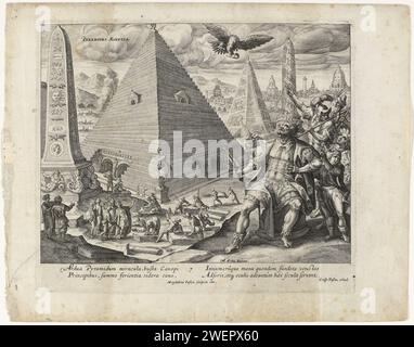 Pyramide von Ägypten, Magdalena van de Passe, nach Maerten de Vos, 1614 Druckpapier mit Stich ägyptischer Pyramiden (Weltwunder). Baustelle Stockfoto