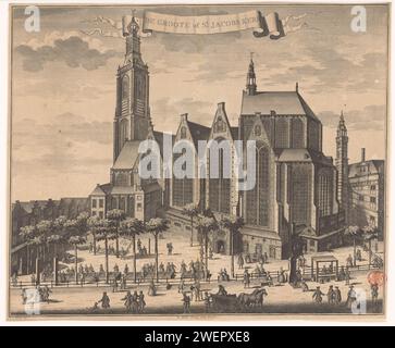 Ansicht der Grote Kerk in den Haag, Anonym, nach Gerrit van Gießen, 1730–1736 Print Ansicht der Grote Kerk, auch Sint-Jacobskerk genannt, in den Haag. Von der Seite des Fischmarktes aus gesehen. Verschiedene Stände und Figuren für die Kirche. Papierätzung / Gravur Stand, Stand ( Markt). Kirche (außen) große Kirche. River Fish Market Stockfoto