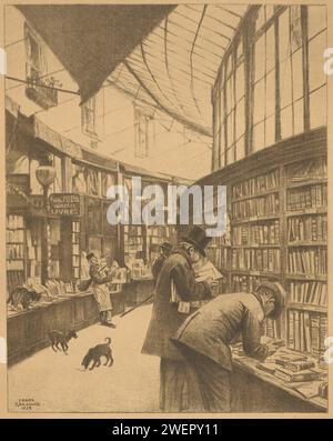 Buchhandlung Moens in der Galerie Bortier in Brüssel, Francois Gailliard, 1919 drucken drei Männer mit Hüten sehen sich das Angebot des Buchhandels an. Im Hintergrund der Besitzer, ein Mann mit einer Pfeife im Mund, eine Schmutzfangschale unter dem Arm und eine Zeitung in den Händen. Zwei Hunde auf dem Boden, beobachtet von einer Katze vom Tisch. Papierbuchhandlung, Buchhändler. Messwert. (Haushalt) Utensilien und Geräte (mit NAMEN). Kat. Hundegalerie Bortier Stockfoto