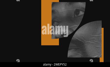 Künstlerisches Poster mit Schwerpunkt auf menschlichen Geschichten und Emotionen. Bild mit orangefarbenen geometrischen Formen und einfarbigen menschlichen Gesichtszügen Stockfoto