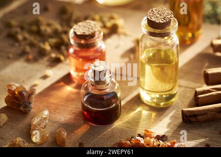 Flaschen ätherischer Aromatherapie-Öle mit Weihrauch- und Myrrhenharz, Zimt und Kräutern Stockfoto