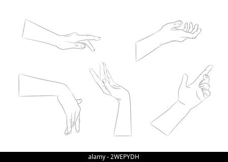 Handgezeichnete menschliche Hände mit verschiedenen Gesten. Handkontur mit leerer Kontur. Vektorabbildung Stock Vektor