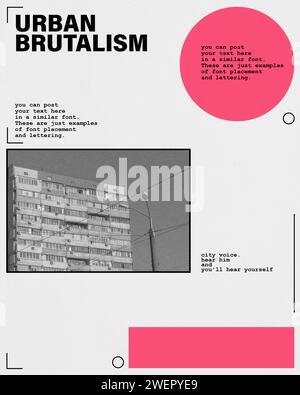 Ausstellungsplakat für eine Fotoserie zur brutalistischen Architektur. Einfarbiges Bild des Gebäudes mit typografischen Designelementen. Stockfoto