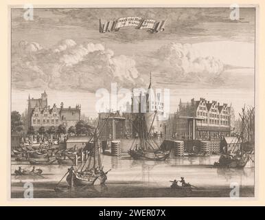 Ansicht der Schreierstoren in Amsterdam, Anonym, 1693 Druck der Kamperhoofd vom IJ bis zum Schreierstoren mit den Brücken über Oudezijds Kolk und Geldersekade. Papierätzung / Gravur Türme  befestigte Stadt. Brücke in der Stadt über Fluss, Kanal usw. Ruderboot, Kanu usw. Segelschiff, Segelboot. Städtisches Wohnen Schreierstoren. Geldersekade. Wohnmobilkopf Stockfoto