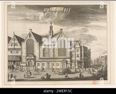 Ansicht der Sint-Olofskapel (Oudezijds Kapel) in Amsterdam, Anonym, 1726 Print Ansicht der Sint-Olofskapel, auch bekannt als Oudezijds Kapelle, auf der Seite des Zeedijk in Amsterdam. Verschiedene Figuren auf der Straße. Schiffe auf der rechten Seite im Hintergrund. Papierätzung / Gravurkirche (außen) - QQ - kleine Kirche, Kapelle. Straße (+ Stadt (-Landschaft) mit Figuren, Personal) Sint-Olofskapel. Oudezijds-Kapelle. Seedeich Stockfoto