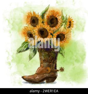 JPEG Aquarellillustration mit einem Strauß von gelben Sonnenblumen mit braunen Herzen und Blättern in einem braunen Cowboystiefel auf grünem Hintergrund Stockfoto