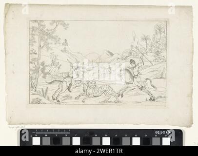 Landschaft mit der Jagd nach einem Tiger, 1727 - 1775 drucken zwei chinesische Männer zu Pferd jagen einen Tiger oder Leoparden. Papierätzung Chinesisch. Landschaften in der gemäßigten Zone. Raubtiere, Raubtiere: tiger. Jagen  Säugetiere Stockfoto