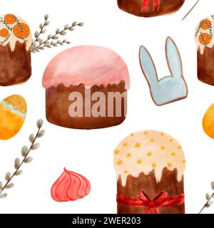 Niedliches Häschen, nahtloses Aquarellmuster, handgezeichnete Frühlingsillustration. Happy Easter Symbol, Frühlingsblumen und Zweige für Ostergrußkarte, Verpackung Stockfoto