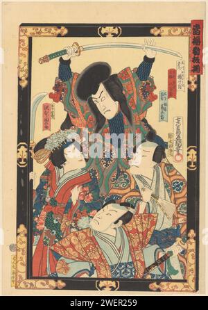 Protagonisten aus dem Kabuki-Stück Konoshita and Divine Intervention, Utagawa Kunisada (I), 1863 drucken die vier Protagonisten aus einem Kabuki-Stück, die in ihrer Rolle in einem Rahmen aus schwarzer Malerei mit Kupferteig dargestellt werden. An der Spitze mit dem Schwertdarsteller Kawarazaki Gonjûrô I als berüchtigter Dieb Ishikawa Goemon, rechts mit dem Fandarsteller Ichikawa Yaozô VI als Shogun Yoshiteru, dem linken Schauspieler Sawamura Tanosuke III. In der Rolle der Princesse Bandô. Bondeuroshita. Papierfarbe Holzschnitt Gruppe von Schauspielern, Truppe; Schauspieler auf der Bühne. Hacker- und Schubwaffen: Schwert. Prinzessin Stockfoto