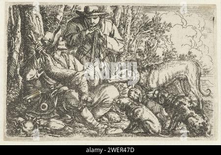Zwei ruhende Jäger mit ihren Hunden und Beute, Jonas Umbach, 1634–1693, drucken zwei Jäger an einem Waldrand, einer lehnt sich auf seine Pistole, der andere sitzt an einem Baum mit einem toten Hasen in der Hand. Fünf Hunde sitzen ihm gegenüber, mit dem Blick auf das Schussspiel. Papierätzjäger. Jagdhunde. Wild, gejagte Tiere Stockfoto