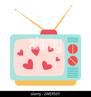 Happy Valentine tv. Romantischer Film im Fernsehen. Die Herzen auf dem Fernsehbildschirm. Trendige flache Vektor-Illustration. Vektorabbildung Stock Vektor