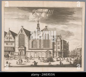 Blick auf die Sint -Olofskapel (Oudezijds Kapel) in Amsterdam, 1693 - 1694 Druckpapierstich / Gravur Straße (+ Stadt(-Landschaft) mit Figuren, Personal). Kirche (außen) - QQ - kleine Kirche, Kapelle Oudezijds Kapelle. Sint-Olofskapel. Seedeich Stockfoto