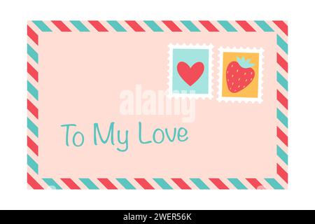 Briefumschlag, Liebesbrief mit Briefmarken, isoliert auf weißem Hintergrund. Alles Gute Zum Valentinstag. Zu meiner Liebe. Vektorabbildung Stock Vektor