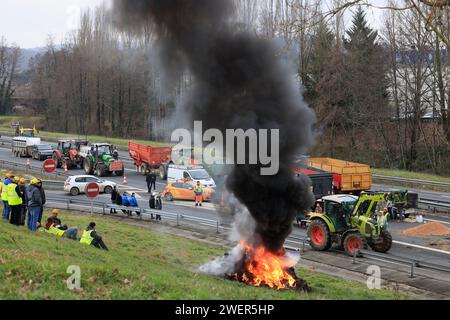 Brive-la-Gaillarde, Frankreich. Januar 2024. Wut und Demonstration der Bauern in Frankreich. Sperrung der Autobahn A20 in Brive-la-Gaillarde durch Landwirte, die eine gerechte Bezahlung ihrer Produktion, weniger Standards und fairen internationalen Agrarhandel fordern. Brive-la-Gaillarde, Correze, Limousin, Frankreich, Europa. Foto: Hugo Martin/Alamy Live News. Stockfoto