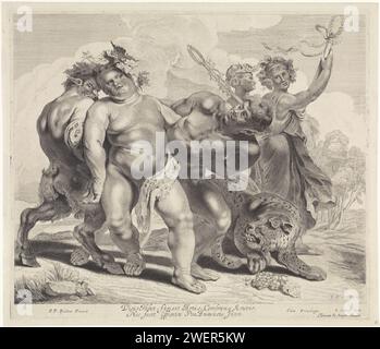 Bacchus Trunkenness, Jonas Suyderhoef, nach Peter Paul Rubens, 1643–1677 drucken der betrunkene Bacchus wird von zwei Satern unterstützt. Er ist nur in einem Tigertuch gekleidet. Auf der rechten Seite ein Leopard und Maenaden. Papier, das den betrunkenen Bacchus graviert. Satyr(s) (allgemein) Stockfoto