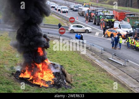 Brive-la-Gaillarde, Frankreich. Januar 2024. Wut und Demonstration der Bauern in Frankreich. Sperrung der Autobahn A20 in Brive-la-Gaillarde durch Landwirte, die eine gerechte Bezahlung ihrer Produktion, weniger Standards und fairen internationalen Agrarhandel fordern. Brive-la-Gaillarde, Correze, Limousin, Frankreich, Europa. Foto: Hugo Martin/Alamy Live News. Stockfoto