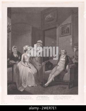 Junger Mann sieht schockiert aus über drei Frauen und ein Baby in einem Innenraum, ca. 1787 - 1801 Druck Innenraum mit einem sitzenden Mann, der sich den Kopf schnappt. Hinter ihm auf einem Tisch, der Karten und Würfel spielt. Zwei junge Frauen, eine mit einem Baby auf dem Arm und eine ältere Frau, die mit einer Kerze und einem offenen Buch an einem Tisch sitzt, schauen ihn schockiert an. Laut dem Titel des Gegenstands handelt es sich um die Folgen von Ablenkung und Ausschweifung. Papiergravur Familie, Beziehung, Abstammung. Gemeinschaftsräume Stockfoto