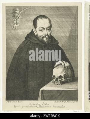 Porträt des Mönchs F.J. van der Linden mit Schädel, Nicolas van den Bergh, nach Peter Paul Rubens, 1735 - 1774 Druckpapier, das Mönch(e), Mönch(e), Mönch(e), Mönch(e) graviert. Schädel als Symbol für „Vanitas“ Stockfoto