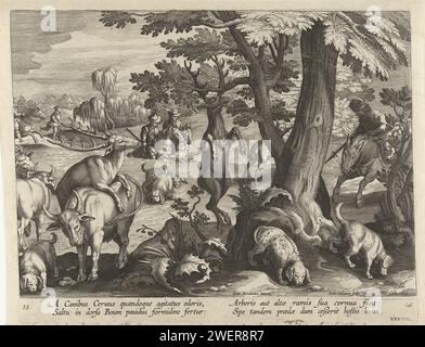 Herts Show mit Hunden, Jan Collaert (II), nach Jan van der Straet, nach 1596 - 1628 drucken Eine Hirschshow mit Hunden. Die Hirsche versuchen, den Hunden zu entkommen, indem sie auf einen Ochsen springen oder mit ihrem Geweih in einen Baum hängen. Der Druck hat eine lateinische Unterschrift und ist Teil einer Serie über Jagdszenen. Papierstich Hirschjagd. Huftiere: Hirsch - FF - fabelhafte Tiere (manchmal fälschlicherweise „Grotesken“ genannt); Mostri (Ripa) (+ Beobachtung von Tieren) Stockfoto