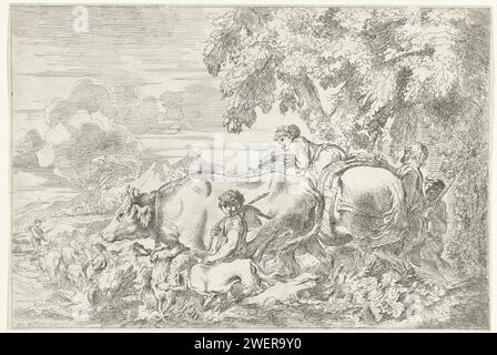 Hirten trafen Hun Kude, Anonym, nachdem Giovanni Benedetto Castiglione, 1620–1705 Einen Hirten und drei Hirtenjungen mit ihrer Schafherde, Pferd, Kuh und zwei Hunden in einer Landschaft druckte. Papierkätzer, Hirte, Hirtin, Hirte, Hirtin, Hirtin, Kuhhirte usw. Herde, Herde Stockfoto