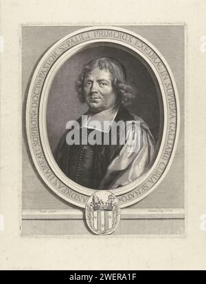 Portret van André Hameau, Gerard Edelinck, nach Joseph Vivien, 1666–1707 Druck Porträt von André Hameau, Pfarrer des Heiligen Paulus in Paris, dargestellt im ovalen Rahmen mit Text und Waffe. Papiergravur Stockfoto