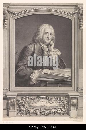 Portret van Jean -Baptiste Coignard, Jean Daullé, nach Guillaume Voiriot, 1732 - 1737 Druck Porträt von Jean-Baptiste Coignard (III), Drucker und Verleger in Paris, sitzt hinter einem Schreibtisch mit offenem Buch. In einem architektonischen Rahmen mit einer Kartusche mit Eichenblättern am Boden. Papier Gravierungs-/Ätzdrucker. Publishing, Publisher Stockfoto