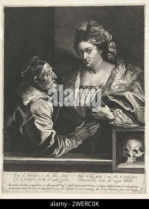 Titian und sein Maitrese, Anthony Van Dyck, nach Titian, 1627–1641 drucken Kopie zum Selbstporträt Tizians mit einer jungen Frau. Unten rechts ein Schädel. Tizians Gemälde ging verloren, wegen der ETS von Van Dyck wissen wir, wie das Porträt aussah. Unter dem Porträt am Rand ist eine Widmung an den Händler und Kunstliebhaber Luke van Uffel und ein italienisches Gedicht zu sehen. Papierätzung / Gravur Porträt, Selbstporträt des Malers. Kurtisane, Hetaera Stockfoto