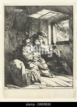 Frau mit Kind und Mann in Wieg im Innenraum mit offenem Fenster, Cornelis Pietersz. Bega, 1642 - 1664 Druckpapier, das Mutter und Baby oder Kleinkind ätzt Stockfoto