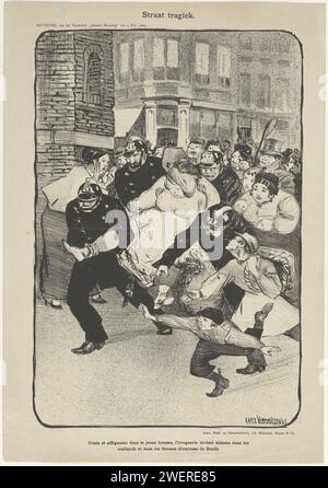 Cartoon on Public Trunkenness, 1903, 1903 Print Cartoon on Public Trunkenness, 1903. Eine betrunkene Frau wird von vier Polizisten ausgelassen. Mit wechselseitiger Beschriftung. Erschien als Ergänzung des wöchentlichen Blauwe Monday vom 9. November. 1903. Papiertrunkenheit. Alkoholismus Amsterdam Stockfoto