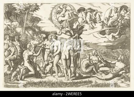 Urteil von Paris, Anonym, nach Marcantonio Raimondi, nach Rafaël, 1520 - 1562 Druckpapier mit Gravur des Gerichts von Paris (Mercury Present) Stockfoto