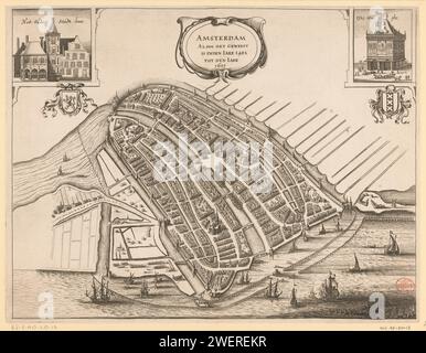 Karte von Amsterdam, 1482-1601, Anonym, nach Cornelis Anthonisz., 1748 drucken Karte von Amsterdam, wie sie zwischen 1482 und 1601 in einer knappen Perspektive gesehen hätte. Oben links ein Gesicht auf dem alten Rathaus am Dam Platz, einschließlich des Wapen van Holland. Oben in der Mitte die Titelkartusche. Oben rechts ein Gesicht auf der Waag am Damplatz, darunter das Wappen der Stadt. Orientierung: West Southwest Boven. Papiergravur von Stadtplänen. Wappen (als Symbol des Staates usw.) (+ Provinz; Provinz). Wappen (als Symbol des Staates usw.) (+ Stadt; Mun Stockfoto