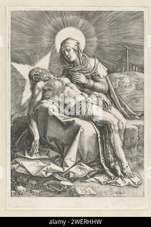 Pieta, 1596 Druck Maria mit dem verstorbenen Christus in ihren Armen, auf einem Stein sitzend. Papierstich „Pietà“, „Vesperbild“, „Marienklage“ (keine anderen anwesend): Christus, mit oder ohne Dornenkrone, betrauert von Maria Stockfoto