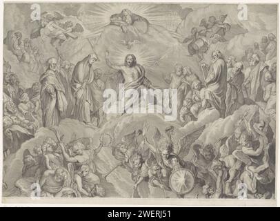 Letztes Gericht (obere Platte), Cornelis Visscher (II), nach Peter Paul Rubens, 1638 - 1658 Druck Christus sitzt als Richter auf einer Wolke im Himmel im Jüngsten Gericht. Er macht eine Geste und ist umgeben von Engeln, Königen, Kirchenvätern und seinen Aposteln. Über ihm fliegt die Taube des Heiligen Geistes, und Gott liegt mit dem Erdball auf einer Wolke. Papiergravur des letzten Gerichts Stockfoto