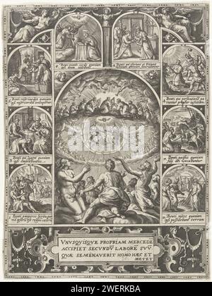 Gesegnete Vorträge, 1554 - 1580 gedruckt zentral, die himmlischen Herrscher verehren die Wolken und die Menschen auf Erden die dreifaltigkeit. Um diese Performance herum acht kleine Szenen, in denen die acht Freuden dargestellt werden. In der Mitte der Kartusche ein lateinischer Text. Der Druck ist Teil einer Serie über die wenigen zentralen Glaubensaussagen. Papiergravur der Heiligen Dreifaltigkeit, in der eine, zwei oder alle Figuren in menschlicher Form dargestellt sind. Lob des Gerichts Gottes im Himmel. seligkeit und Segen Christi Stockfoto