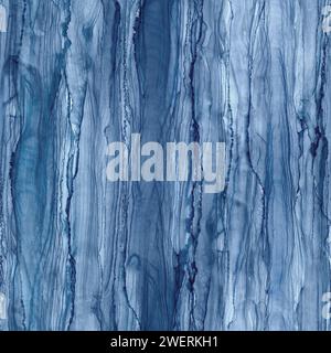 Abstrakte Alkoholtinte flüssiger Luxus gestreifter zeitgenössischer Hintergrund. Handgezeichnete marineblaue blaue blaue, fließende Streifen, spritzende Elemente, nahtloses Muster. Drucken Stockfoto