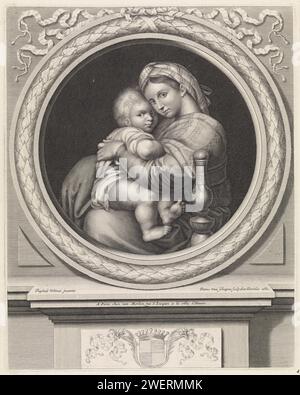 Madonna della Sedia, Pieter van Schuppen, nach Rafaël, 1661 drucken Maria mit dem Christuskind auf seinem Schoß. Ein (nicht ausgefülltes) Wappen befindet sich auf einem Stechstab am Boden. Papiergravur Maria sitzend oder thronend, das Christuskind sitzend auf ihrem Knie (Christuskind zu Mariens Linker) - FF - das Christuskind zu Mariens Rechten Stockfoto