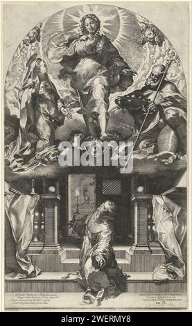 Christus erscheint auf dem Heiligen Franziskus, Federico Barocci, 1581 Druck der Heilige Franziskus kniet auf der Treppe in einer Kapelle, der Blick auf Christus gerichtet, der über ihm erscheint, inmitten von Maria, dem heiligen Nicolaas und einer Menschenmenge von Engeln. Unten links ein Gedicht auf Latein. Papiergravur / Gravur nach dem Wunder der Rosen erscheinen Christus und Maria dem Heiligen Franz von Assisi in der Kapelle Portiuncula. Der Bischof Nikolaus von Myra (oder Bari); mögliche Attribute: Anker, Boot, drei goldene Kugeln (auf einem Buch), drei Geldbörsen, drei Kinder in einer Badewanne, drei Mädchen Stockfoto