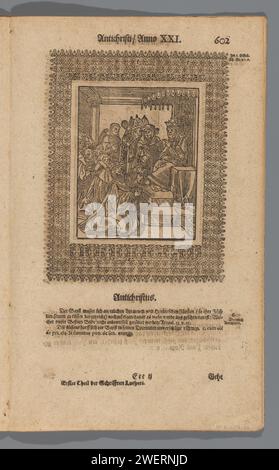 Keizer küsst die Füße des Papstes, Monogrammist GK (Druckerei, 17. Jahrhundert), nach Lucas Cranach (I), ca. 1661 Druck Kaiser Hendrik IV. Küsst die Füße von Papst Gregorius VII. Im Jahr 1077. Im Gegensatz zur Behandlung von Untergebenen. Piegeus-Kopie zum Druck von Lucas Cranach im Pamphlet PassionsChristi und Antichristi von Martin Luther von 1521, Seite 602 aus einer Ausgabe des 17. Jahrhunderts. Die Serie von dreizehn Holzschnitten spiegelt die Widersprüche zwischen der Demut und Selbstlosigkeit Christi einerseits und dem Stolz und der Gier des Papstes andererseits wider. Papier Letterpress-Druck Stockfoto