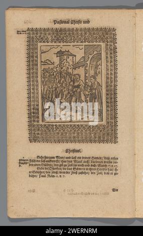 Petrus findet eine Münze im Schnabel des Fisches, Monogrammist GK (Druckmacher, 17. Jahrhundert), nach Lucas Cranach (i), ca. 1661 Druck Peter findet eine Münze (Stater) in der Mündung des Fisches, mit der er die Tempelsteuer zahlen kann. Entgegen Steuern. Spiegelbild zum Druck von Lucas Cranach im Pamphlet PassionsChristi und Antichristi von Martin Luther aus dem Jahr 1521, Seite aus einer Ausgabe aus dem 17. Jahrhundert. Die Serie von dreizehn Holzschnitten spiegelt die Widersprüche zwischen der Demut und Selbstlosigkeit Christi einerseits und dem Stolz und der Gier des Papstes andererseits wider. Papierbuchstaben Stockfoto