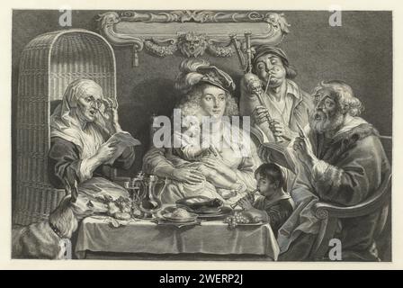 Also sangen die alten Leute, der Junge quietscht, Schelte Adamsz. Bolswert, nach Jacques Jordaens, 1638 - 1659 Druck sitzt Eine Mutter mit einem kleinen Kind, das auf ihrem Schoß an einem gedeckten Tisch spielt. Neben ihr bläst ihr Mann mit konvexen Backen auf einen Dudelsack und ein kleiner Junge spielt auf einer Flöte, während sein Großvater und seine Großmutter, beide mit Brille, singen. Der singende alte Mann gibt die Größe mit einem Finger. Ein großer Hund liegt mit seiner Schnauze auf dem Tisch und schaut mit leeren Ohren auf die Szene. An der Wand hinter der Gruppe ist eine reich verzierte leere Kartusche zu sehen, auf der bei späteren zuständen des p Stockfoto
