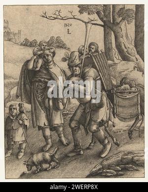 Uilenspiegel: Die Bettlerfamilie, anonym, 1520 - 1644 Druck entlang des Rahmens für Show Cut off. Ein Mann mit zwei Kindern im Korb auf dem Rücken, neben ihm eine Frau mit einem Kind auf der Schulter. Sie tragen einen Esel mit Kindern. Vorne geht ein Junge mit einer Eule auf die Schulter, ein Hund schnüffelt neben ihm. Papierätzung Eulenspiegel. Bettler. Dudelsack, Musette - CC - draußen Stockfoto