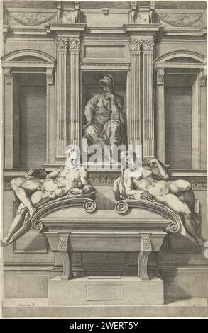 Grabmal von Lorenzo II. De ’Medici, Herzog von Urbino, Cornelis Cort, nach Michelangelo, 1570 Grabmal aus Druckpapier Stockfoto
